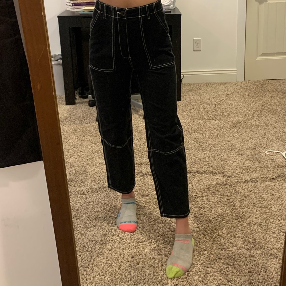 Black with white seams straight leg jeans